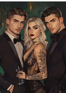 Illustration de Drake, L et Noah habillés en soirée, entre glamour et tension silencieuse.