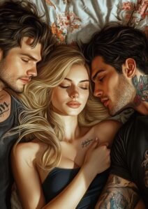 Drake, L et Noah allongés, regards entrecroisés et peaux qui se frôlent, illustrant un moment d’abandon.