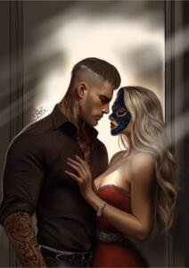 Illustration de Drake tenant tendrement L, visage partiellement masqué, dans une scène de tension sensuelle.