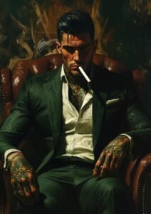 Portrait de Drake assis dans un fauteuil en cuir, cigarette à la main, regard sombre et imposant.