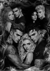 Montage sombre et esthétique des membres de la famille Turri, regards profonds et ambiance mafieuse.