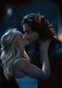 Baiser passionné entre une femme blonde et un homme aux oreilles félines sous une nuit étoilée – illustration du roman Contrainte 1 – Transcender.