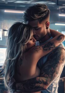 L dans les bras de Noah dans un décor industriel, ambiance intime et électrique.