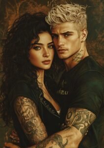 Illustration de Stella et Aaron enlacés, tatouages visibles, dans une ambiance feutrée et intense.