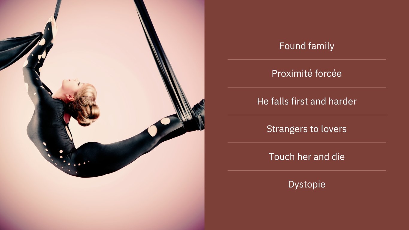 Liste des tropes du roman Contrainte 1 – Transcender, avec une image d’une femme en tenue d’acrobate suspendue à des rubans.