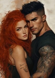 Illustration de Veronica, cheveux rouges flamboyants, blottie contre Matteo, regard perçant et possessif.