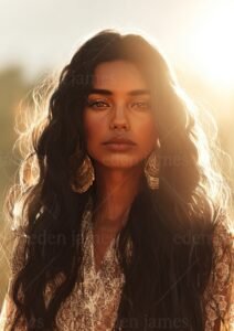 Portrait d’Ineri, femme à la peau dorée, regard intense, baignée de lumière au coucher du soleil, héroïne tueuse du roman Kiss of the Death.