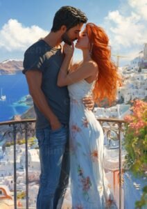 Andreï et Prudence s’embrassent à Santorin, entre mer turquoise et promesse d’amour impossible, dans Perdus entre les notes d’Eden James, une romance contemporaine envoûtante.