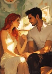 Andreï et Prudence se regardent avec tendresse, main dans la main, dans Perdus entre les notes d’Eden James — une romance contemporaine où chaque silence parle d’amour.