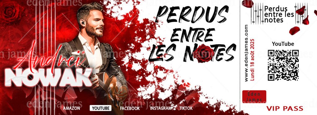 Ticket de concert fictif d’Andreï Nowak, chanteur du roman Perdus entre les notes d’Eden James. Une romance contemporaine entre passion, musique et amour interdit.